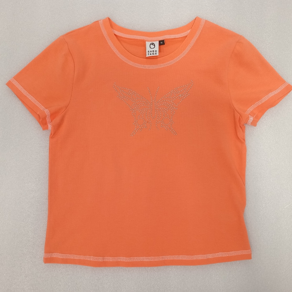 NWOT Sabotage Girls Orange Graphic Tee Butterfly Preppy Everyday Casual Size 16